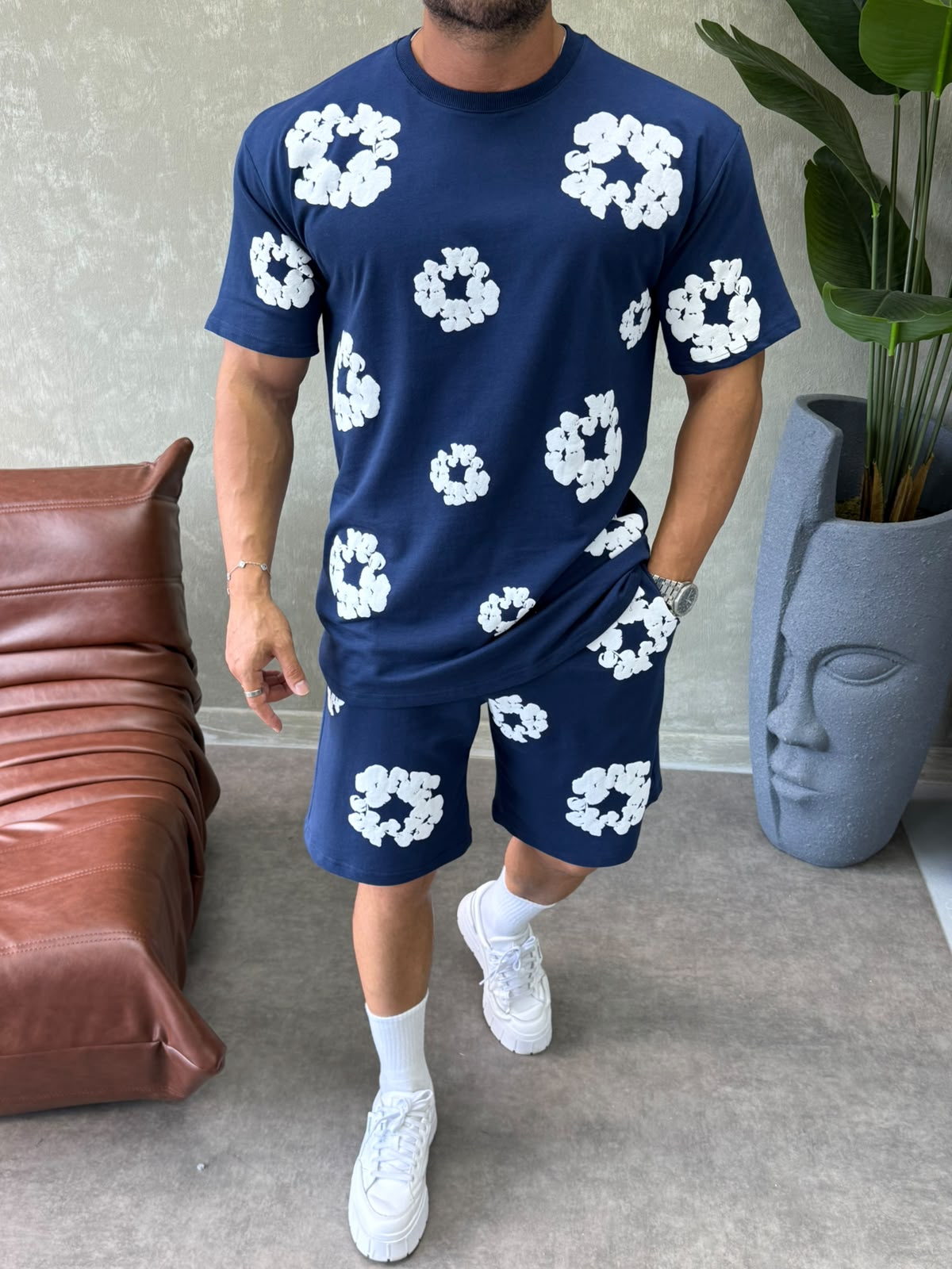 Kabartma Detaylı Mavi Oversize Şortlu Takım – Diddy Studios oversize eşofman takımı (detay 2)